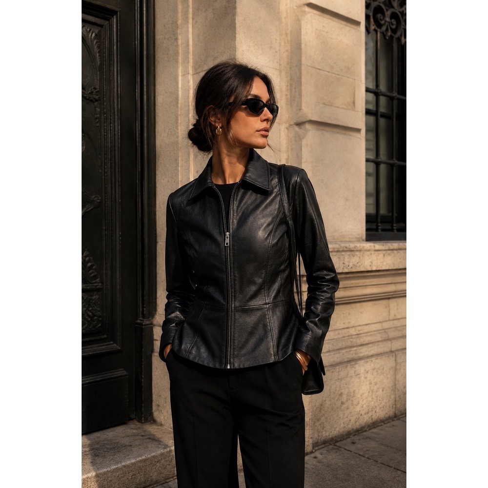 Chic Edgy Euro Black Lambskin Leather Jacket Minimalist Moto Luxe Classic Sz M